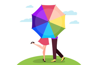 Kiss behind umbrella. Men and women pair, walking together rainy day,