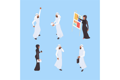 Muslim isometric. Business arabic characters working office managers m