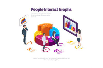 People interact graphs. Futuristic glowing panels business web analyti