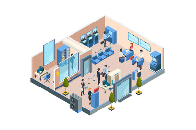 Bank interior isometric. Business financial offices with different ban