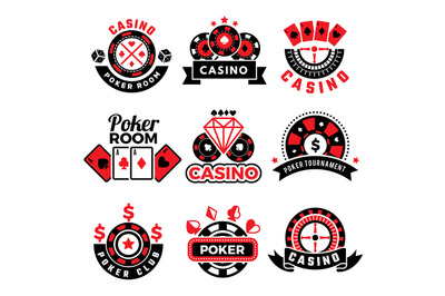 Casino badges. Gambling poker game chips dice images cards vector embl