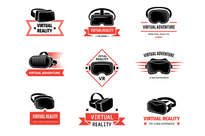 Vr helmet logo. Badges set for gamers future technology headset virtua