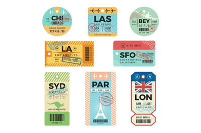 Baggage tags. Retro tickets for travellers luggage airplane stickers w