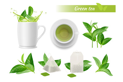 Hot tea realistic. Green leaves cups water splashes aromatic green tea