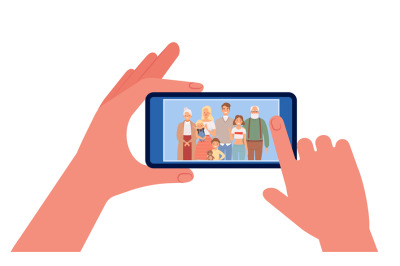 Family photo. Hands holding smartphone with people image. Selfie vecto