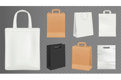 Paper bags. Realistic craft shopping bag&2C; white and black packs vector