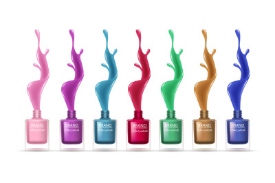 Realistic nail polishes. Colorful splashes, liquid drops. Isolated man