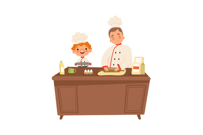 Boy chef. Cute kid and man cooking at kitchen. Child in uniform making