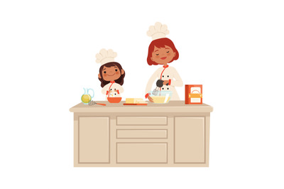 Culinary workshop. Woman and girl on kitchen. Kid in uniform professio