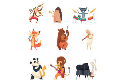 Animals with music instruments. Zoo musicians entertainment cute vocal