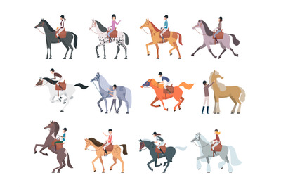 Horse riders. Equestrian sport people sitting walking on strong domest