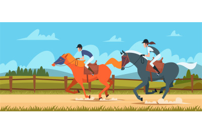 Equestrian sport background. People rides on race horse outdoor vector