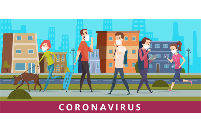 Coronavirus. People in city air nCoV virus protection walking in mask