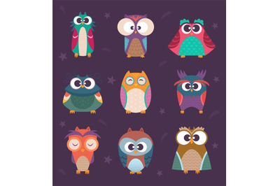 Cute owls. Wild birds kids colored vector illustrations funny cartoon