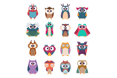 Owl kids. Cute baby birds in various poses vector colored funny wild a