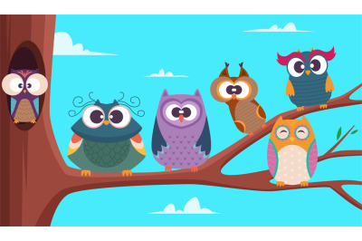 Owls branches. Cute funny group of wild baby birds sitting on branches