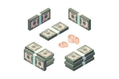 Money isometric. Cash gold coins and dollars finance banking symbols v