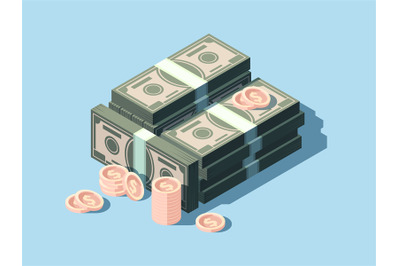 Dollars and coins. Cash money stack vector isometric finance backgroun