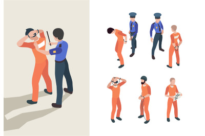 Police and prisoners. Isometric federal jail characters low justice pe