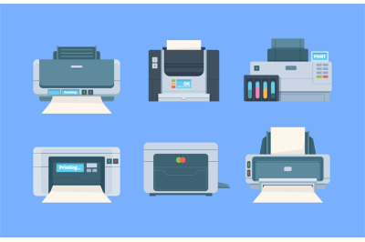 Printers. Documents and photo on papers copy machines for printing hou