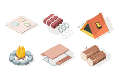 Picnic isometric. Bbq equipment fire camp fresh food and items for bar