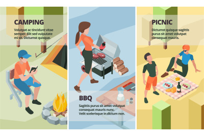 Bbq banners. Outdoor picnic people making barbecue street grill relax