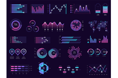 Business infographic. Charts futuristic graphs holographic bar ui pane