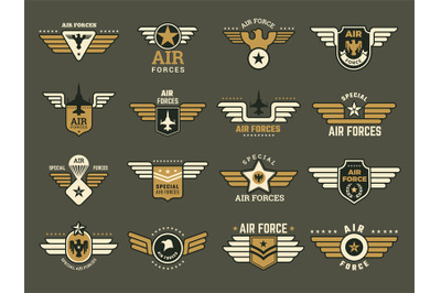 Army badges. Air special forces emblems with different symbols weapons