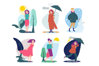 Woman weather. Seasonal people walking with umbrella summer cold rainy