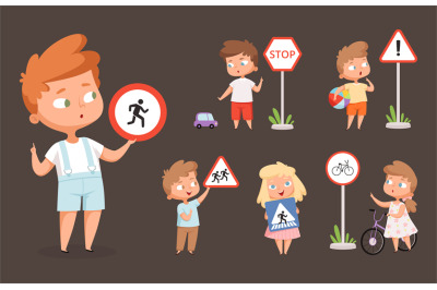 Kids rules road. School people with traffic signs safety education how