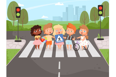 Crossroad rulles. Children learning safety road traffic lights on stre