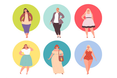 Plus size girls. Fat woman chubby in large clothing vector young peopl