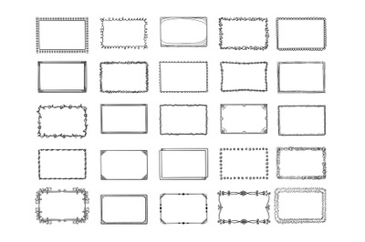 Doodle frames. Sketched hand drawn square shapes in different styles b