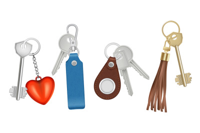 Keys on keychains. Realistic bunch with keys trinket different forms c