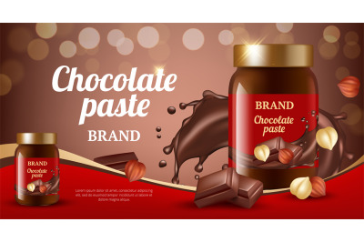 Chocolate cream ads. Delicious sweet brown paste flowing eat product v