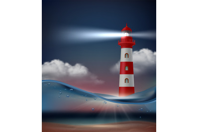 Lighthouse in ocean. Night marine landscape with lighthouse for ship n