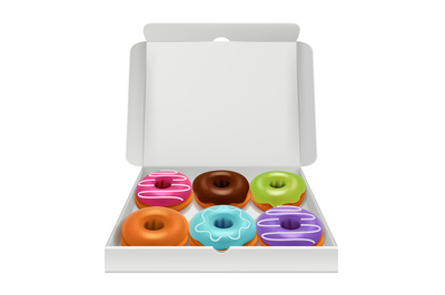 Donuts realistic. Bakery delicious tasty food donuts in package colorf