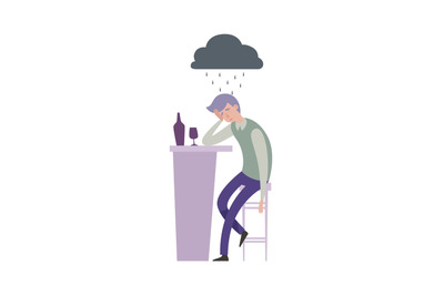 Alcohol addiction. Sad depressed man metaphor. Alone guy with drink in