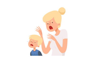 Angry woman. Baby boy crying, female screaming. Bullying, domestic vio