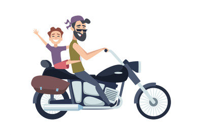 Biker on motorcycle. Father rolls son on scooter. Happy cartoon father