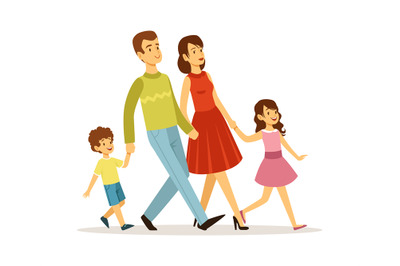 Cartoon family. Mother father children walking together. Isolated pare