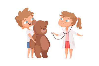 Children playing. Cute girl doctor and teddy bear patient. Kids play i