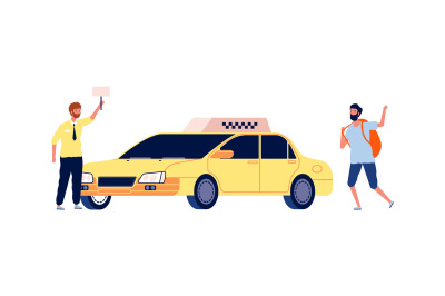 Driver and traveler. Tourist catches taxi, man stop yellow car. Travel