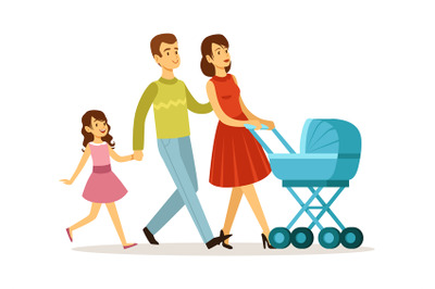 Family walking. Mother father daughter, baby in carriage. Young parent