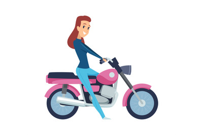 Girl driver. Cute woman on motorcycle. Isolated cartoon female rides m