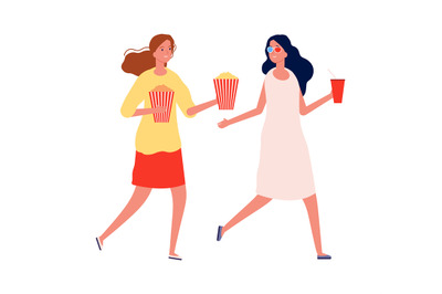 Girlfriends meeting. Women with popcorn and drinks. Isolated cinema vi