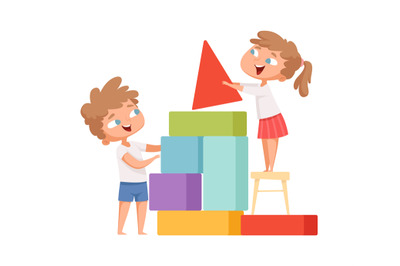 Kids playing. Happy children build colorful cubes home. Isolated carto