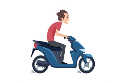 Man ride on scooter. Male drives motorbike, isolated flat rider vector