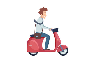 Man rides motorbike. Happy businessman drives to work. Flat isolated m