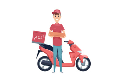 Pizza delivery. Boy with food boxes and scooter. Isolated motorbike an